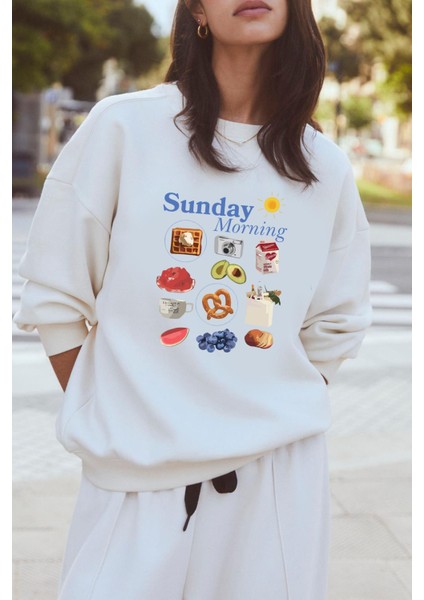 Kadın Içi Şardonlu Baskılı Oversize Sweatshirt