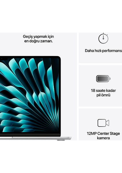 MW1G3TU/A/MACBOOK Air/apple M4 Işlemci/(10 Çekirdek Cpu-10 Çekirdek GPU)/16GB RAM/256GB Ssd/15.3" Silver