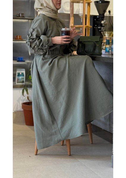 Kolları Büzgülü Ceket Elbise Takım Haki