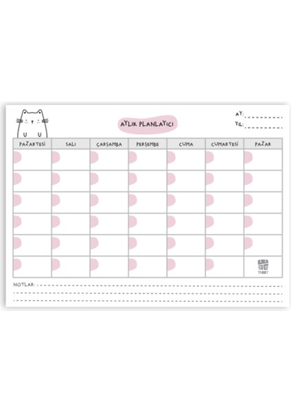 Sevimli Kedi Aylık Planlayıcı 12 Adet Pembe