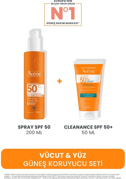 Vücut & Yüz Güneş Koruyucu Seti (Spray Spf 50 200 ml + Cleanance Spf 50+ 50 Ml)