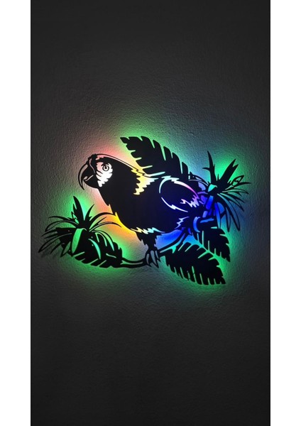 Tropikal Papağan Ahşap LED Işıklı Tablo – El Yapımı Lazer Kesim Dekoratif Hediye Lamba