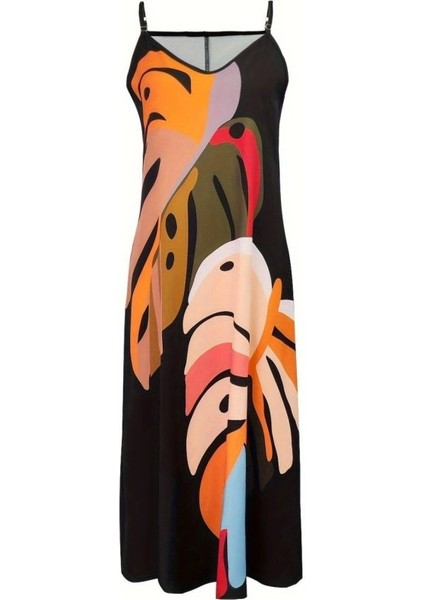 Kadın Ip Askılı V Yakalı Desenli Süprem Maxi Elbise fırsatları