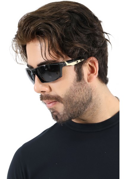 Erkek Siyah Sportif UV400 Güneş Gözlüğü Gold Detay WP25-31