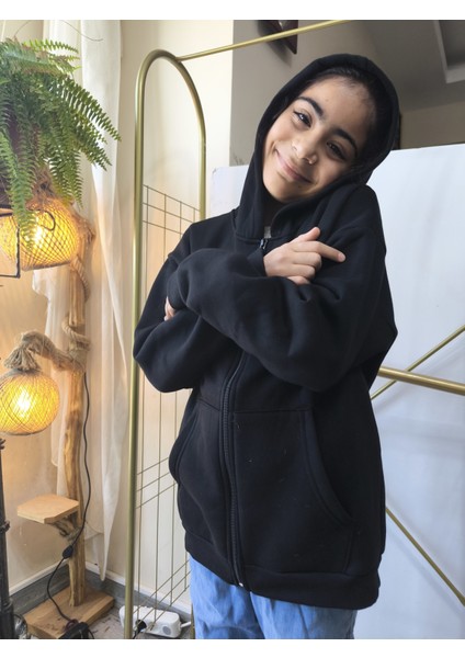 kız Erkek Çocuk Unisex Kapüşonlu Fermuarlı Şardonlu Cepli Rahat % 100 Pamuklu Sweatshirt Hırka Siyah fiyatları
