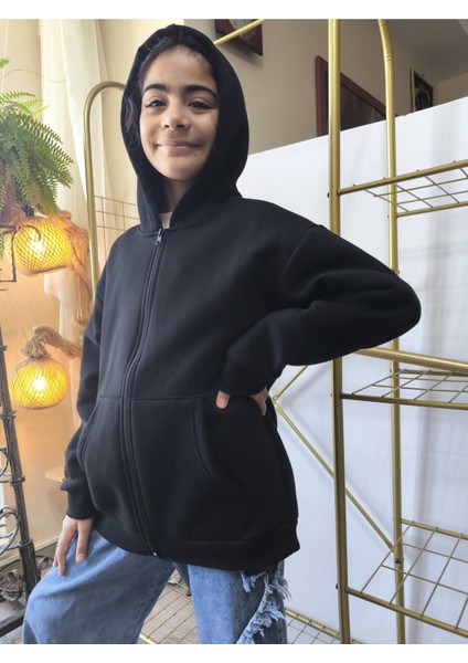 kız Erkek Çocuk Unisex Kapüşonlu Fermuarlı Şardonlu Cepli Rahat % 100 Pamuklu Sweatshirt Hırka Siyah fırsatları