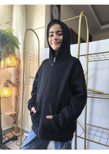 kız Erkek Çocuk Unisex Kapüşonlu Fermuarlı Şardonlu Cepli Rahat % 100 Pamuklu Sweatshirt Hırka Siyah