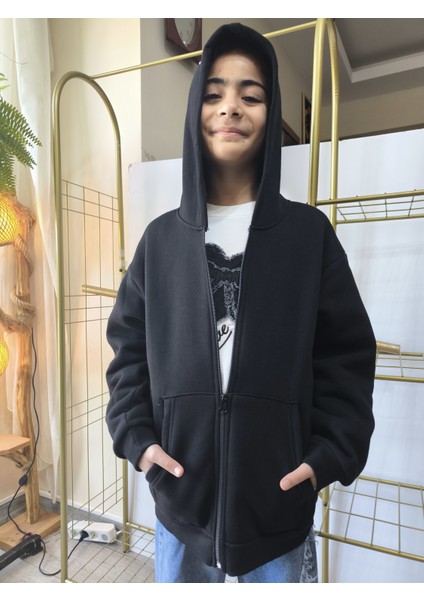 kız Erkek Çocuk Unisex Kapüşonlu Fermuarlı Şardonlu Cepli Rahat % 100 Pamuklu Sweatshirt Hırka Siyah