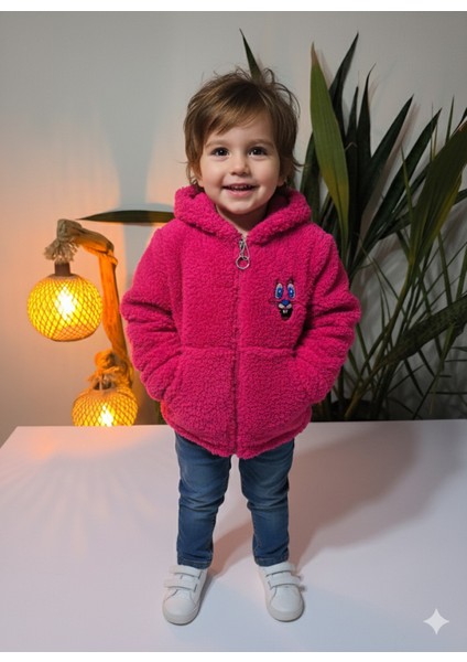 kız Çocuk Peluş Polar Hırka Kapşonlu Fermuarlı Cepli Pembe Beyaz Siyah Mor !!! Dar Kalıp
