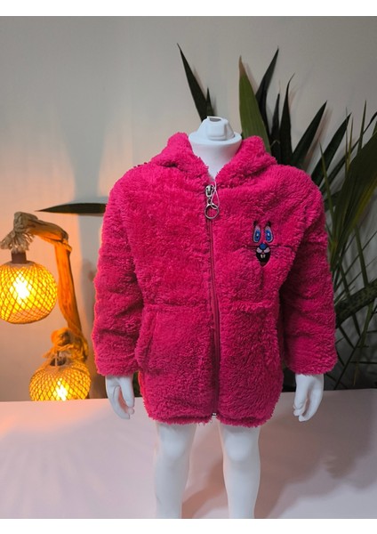 kız Çocuk Peluş Polar Hırka Kapşonlu Fermuarlı Cepli Pembe Beyaz Siyah Mor !!! Dar Kalıp