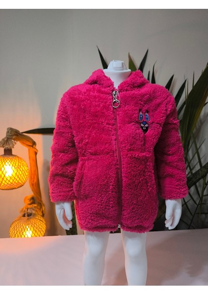 kız Çocuk Peluş Polar Hırka Kapşonlu Fermuarlı Cepli Pembe Beyaz Siyah Mor !!! Dar Kalıp
