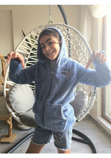 erkek Kız Çocuk Unisex Peluş Polar Hırka Kapşonlu Fermuarlı Cepli Mavi, Koyu Mavi !!! Dar Kalıp