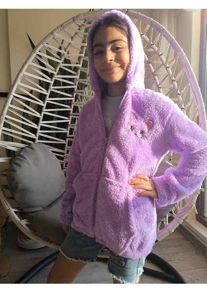 kız Çocuk Peluş Polar Hırka Kapşonlu Fermuarlı Cepli Pembe Beyaz Siyah Mor Gül Kurusu !!!dar Kalıp