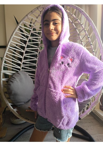 kız Çocuk Peluş Polar Hırka Kapşonlu Fermuarlı Cepli Pembe Beyaz Siyah Mor Gül Kurusu !!!dar Kalıp modelleri