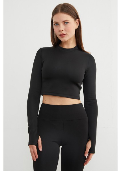 Basic Bisiklet Yaka Parmak Geçmeli Crop Bluz modelleri