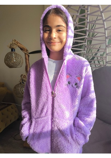 kız Çocuk Peluş Polar Hırka Kapşonlu Fermuarlı Cepli Pembe Beyaz Siyah Mor Gül Kurusu !!!dar Kalıp indirimleri