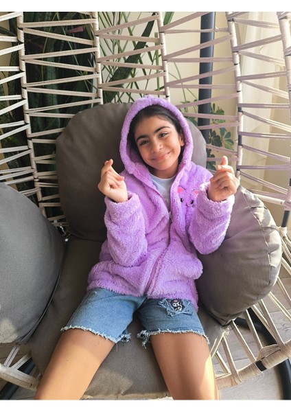 kız Çocuk Peluş Polar Hırka Kapşonlu Fermuarlı Cepli Pembe Beyaz Siyah Mor Gül Kurusu !!!dar Kalıp