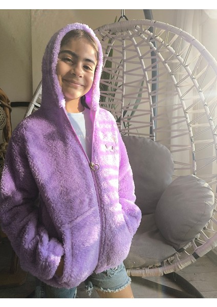kız Çocuk Peluş Polar Hırka Kapşonlu Fermuarlı Cepli Pembe Beyaz Siyah Mor Gül Kurusu !!!dar Kalıp