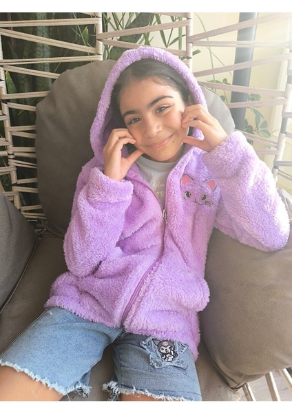 kız Çocuk Peluş Polar Hırka Kapşonlu Fermuarlı Cepli Pembe Beyaz Siyah Mor Gül Kurusu !!!dar Kalıp