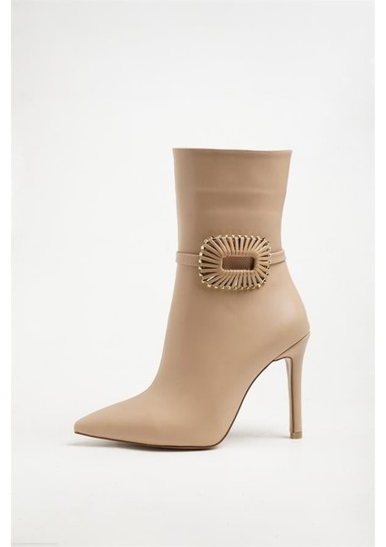 251414 Şık Tokalı Topuklu Bot Nude Deri