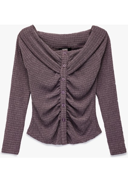 Bürümcük Kumaş Slim Fit Uzun Kollu Düğmeli Kayık Yaka Tişört