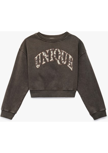 Baskılı Uzun Kollu Bisiklet Yaka Crop Sweatshirt