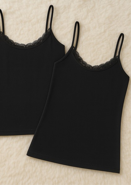 Kadın Giyim Ip Askılı Dantel Detay Modal & Pamuklu 2 Adet Siyah Atlet LL.K66.O042.001