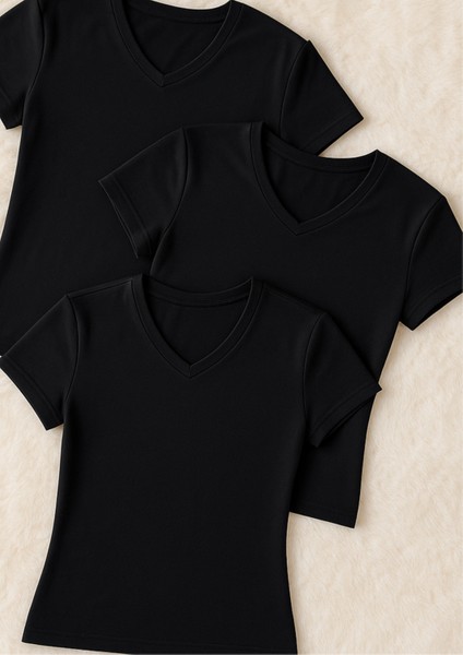 Kadın Giyim Pamuklu & Elastan V Yaka T-Shirt 3 Adet Ekonomik Paket LL.223.ILK62.001