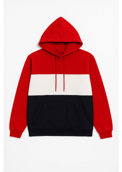 Erkek Kapüşonlu Cepli Içi Polarlı Parçalı Kırmızı Sweatshirt