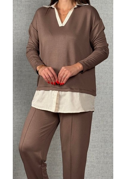 Polo Yaka Gömlek Detay Salaş Balon Pantolunlu Ikılı Takım