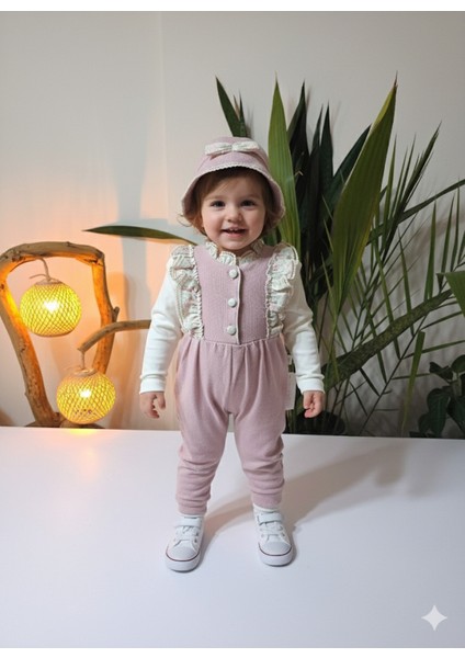 Pudra Pembe Kaşe Dokulu Vintage Kız Bebek Bluz Tulum Şapka Kombini 3'lü