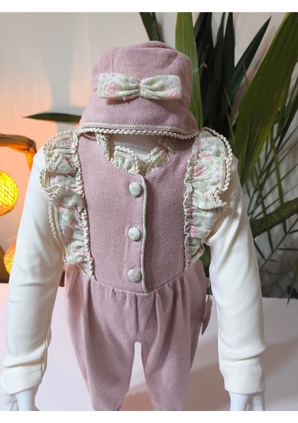 Pudra Pembe Kaşe Dokulu Vintage Kız Bebek Bluz Tulum Şapka Kombini 3'lü fiyatları