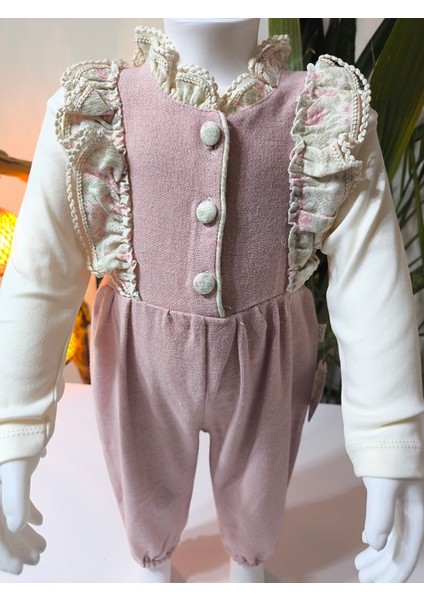 Pudra Pembe Kaşe Dokulu Vintage Kız Bebek Bluz Tulum Şapka Kombini 3'lü modelleri