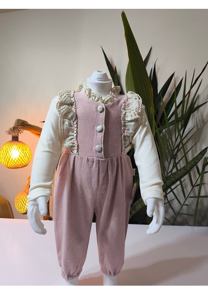 Pudra Pembe Kaşe Dokulu Vintage Kız Bebek Bluz Tulum Şapka Kombini 3'lü fırsatları