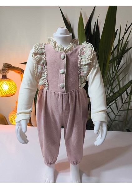 Pudra Pembe Kaşe Dokulu Vintage Kız Bebek Bluz Tulum Şapka Kombini 3'lü indirimleri