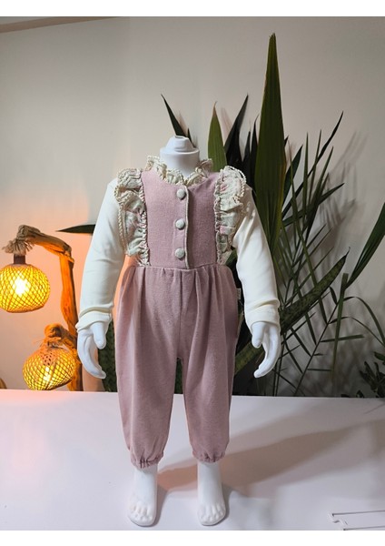 Pudra Pembe Kaşe Dokulu Vintage Kız Bebek Bluz Tulum Şapka Kombini 3'lü