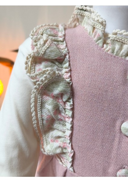Pudra Pembe Kaşe Dokulu Vintage Kız Bebek Bluz Tulum Şapka Kombini 3'lü