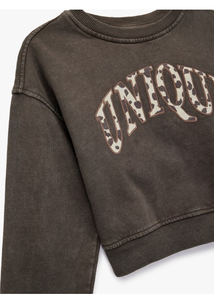 Baskılı Uzun Kollu Bisiklet Yaka Crop Sweatshirt modelleri