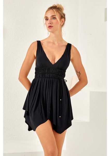 Lapıeno 3580 V Yaka Belden Bağlamalı Elbise Mayo