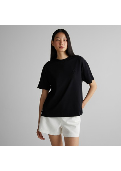 Kadın Siyah Bisiklet Yaka Logolu T-Shirt