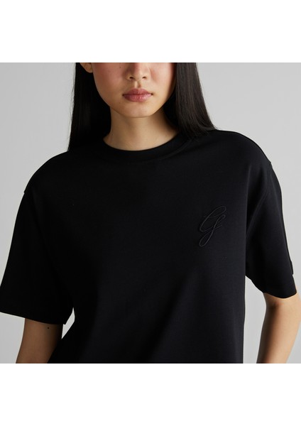 Kadın Siyah Bisiklet Yaka Logolu T-Shirt fırsatları