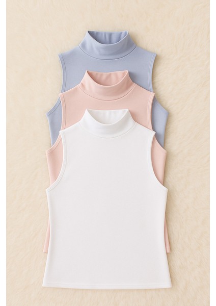 Kadın Modal & Pamuklu Sıfır Kol Balıkçı Yaka Pudra - Beyaz - Açık Mavi 3'lü Atlet LL.K66.O143.001