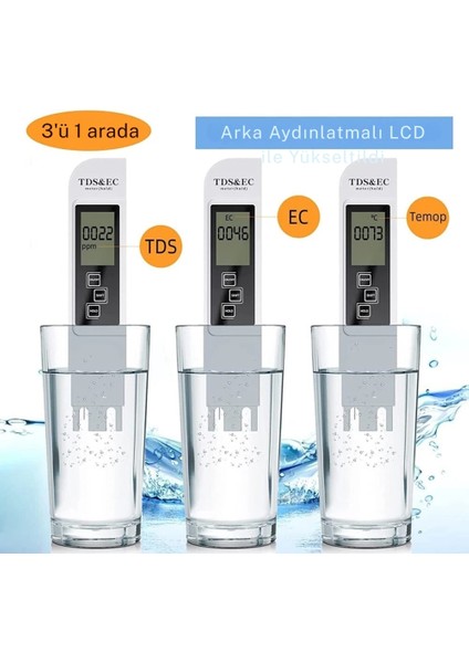 Su Kalitesi Test Cihazı 3in1 Dijital Ekran Tds/ec ve Sıcaklık Ölçüm Cihazı Güvenli Su Ölçüm