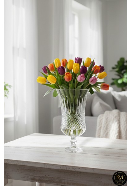 El Yapımı Kristal Desenli Şeffaf Büyük Boy Beykoz Desen Dekoratif Vazo