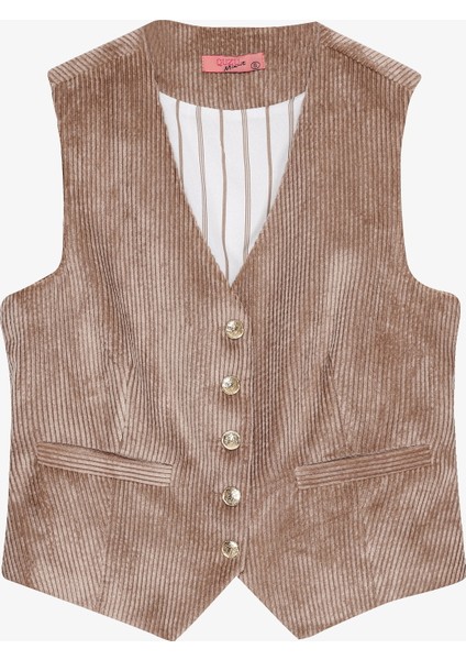 V Yaka Kadife Yelek Camel