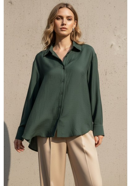 Regular Zümrüt Yeşili Jakarlı Ipeksi Yumuşaklıkta Dokulu Kadın Gömlek Modal Kadın Gömlek,