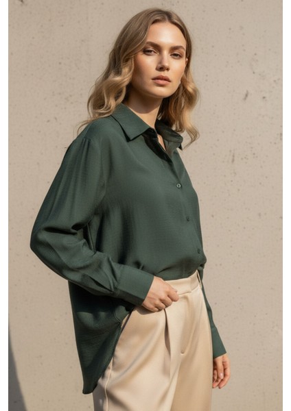 Regular Zümrüt Yeşili Jakarlı Ipeksi Yumuşaklıkta Dokulu Kadın Gömlek Modal Kadın Gömlek, fiyatları