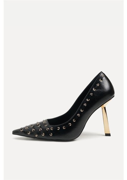 255008 Halkalı Stiletto Siyah Deri