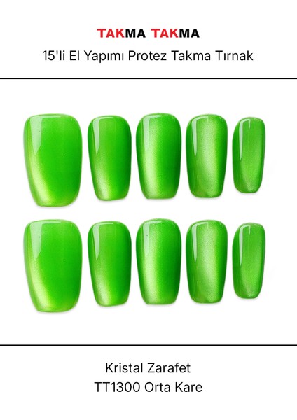 15'li Yeşil Orta Kare TT1300 Tekrar Kullanılabilir El Yapımı Protez Takma Tırnak - Yeşil-XS