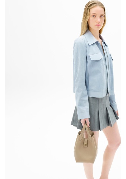 Limited Edition Kadın Mavi Deri Detaylı Fermuarlı Süet Ceket